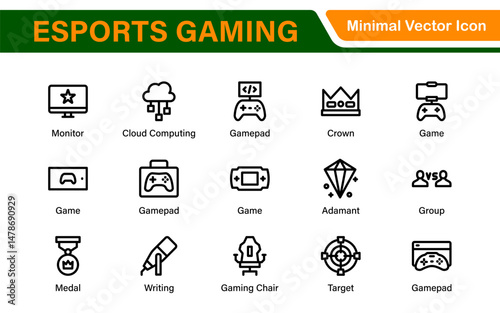 Esports Gaming Icon Pack – Modern Outline, Vector, and Line Art Illustrations for Tournaments, Teams, Players, Games, and Digital Design