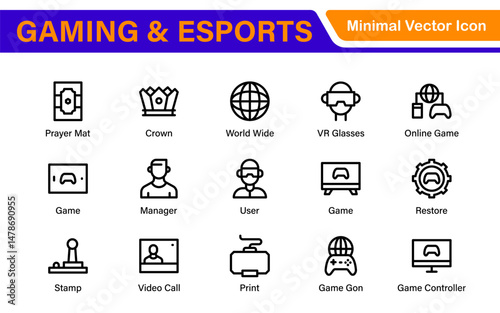Esports Gaming Icon Pack – Modern Outline, Vector, and Line Art Illustrations for Tournaments, Teams, Players, Games, and Digital Design