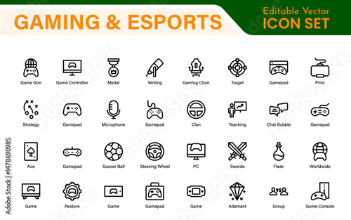 Esports Gaming Icon Pack – Modern Outline, Vector, and Line Art Illustrations for Tournaments, Teams, Players, Games, and Digital Design