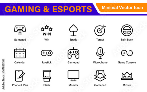Esports Gaming Icon Pack – Modern Outline, Vector, and Line Art Illustrations for Tournaments, Teams, Players, Games, and Digital Design