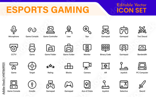 Esports Gaming Icon Pack – Modern Outline, Vector, and Line Art Illustrations for Tournaments, Teams, Players, Games, and Digital Design