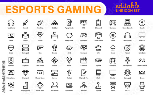 Esports Gaming Icon Pack – Modern Outline, Vector, and Line Art Illustrations for Tournaments, Teams, Players, Games, and Digital Design