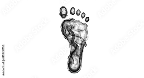 A smoky foot print on a white background with toes and a heel visible