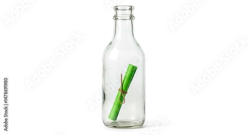 A clear glass bottle with a green rolled message inside tied with string