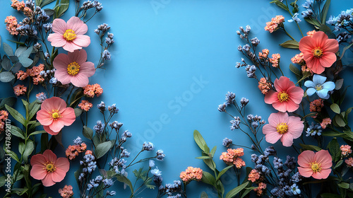 Wallpaper Mural Colorful multi flowers arranged on blue background with empty center space, perfect for text, greeting cards, invitations, floral frame, bright and cheerful design

 Torontodigital.ca