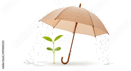 A small plant protected by a beige umbrella with rain falling around it all