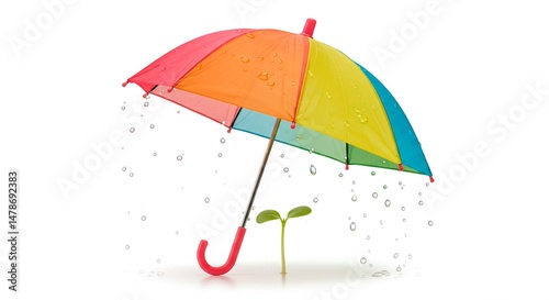Colorful umbrella protecting a small seedling from the falling raindrops art