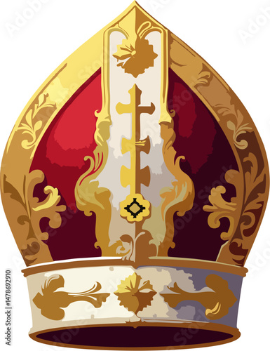 Elegant Papal Mitre with Ornate Gold Embellishments and Red Velvet – High Detail Catholic Bishop Hat Vector Illustration