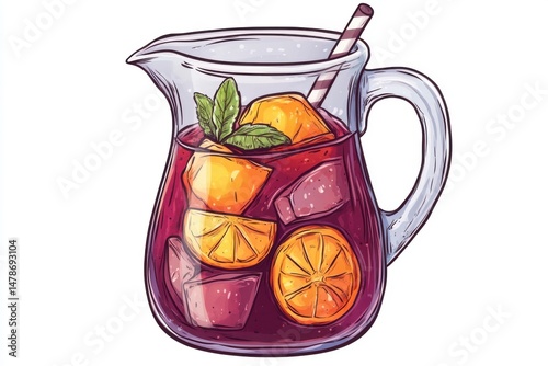Fresh Sangria Pitcher Illustration with Orange Slices Mint and Straw on White Background