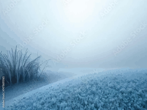Snow-Covered Field with Frosted Plants Under Clear Blue Sky – Serene Winter Landscape Perfect for Nature, Seasonal Projects, and Calm Backgrounds