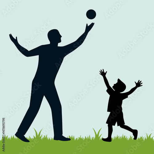 Father and Son Catching Ball on Green Grass Silhouette