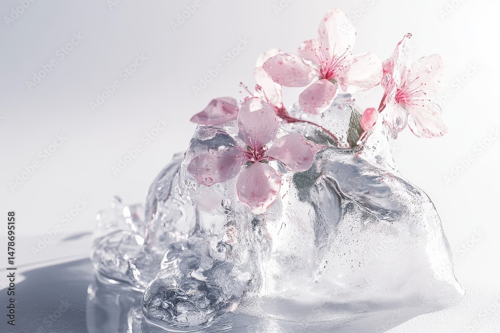 Conceptual melting ice sculpture revealing spring flowers inside with water droplets on a white background. Conceptual melting ice sculpture revealing spring flowers inside with water droplets on a white background.