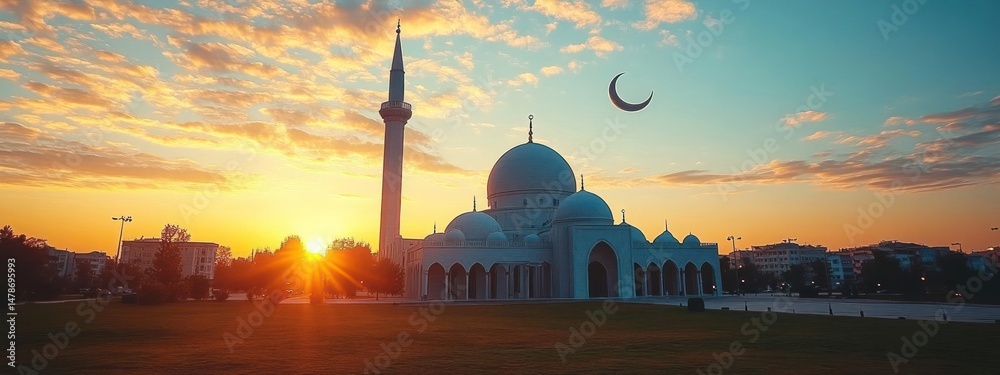 Fototapeta premium Beautiful mosque at sunset with crescent moon.