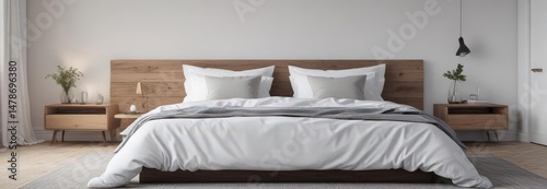 King-size bed, crisp white linens, minimalist Scandinavian bedroom ,  house,  textiles
