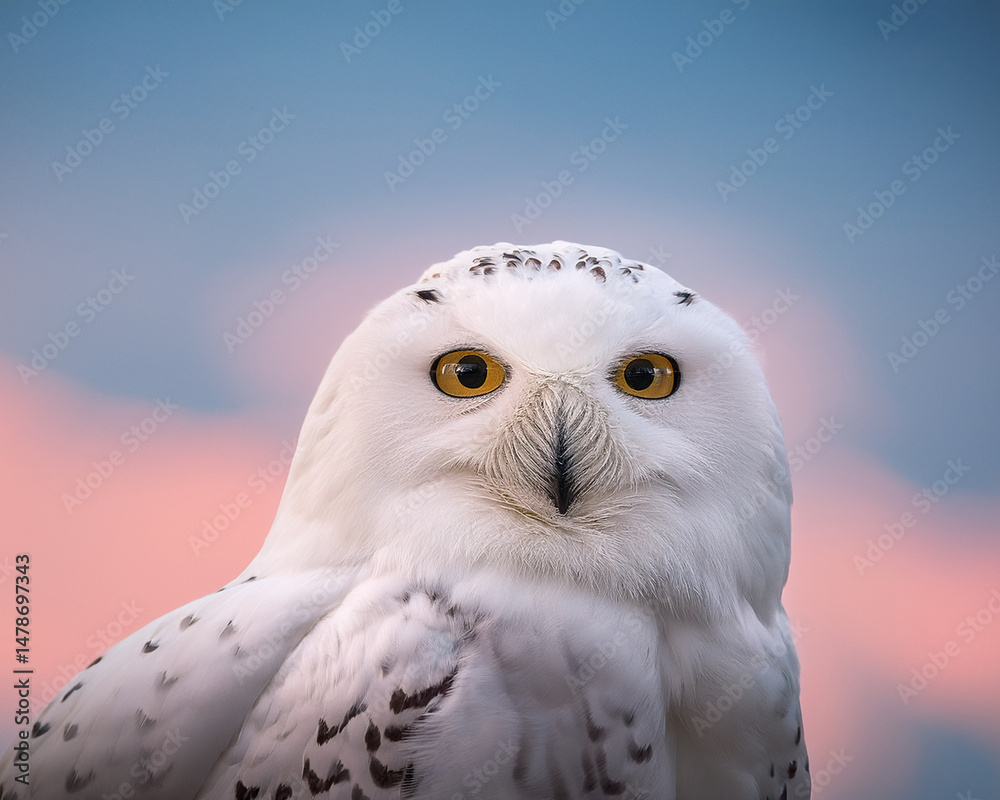 Obraz premium white owl staring directly at camera, pastel sky background