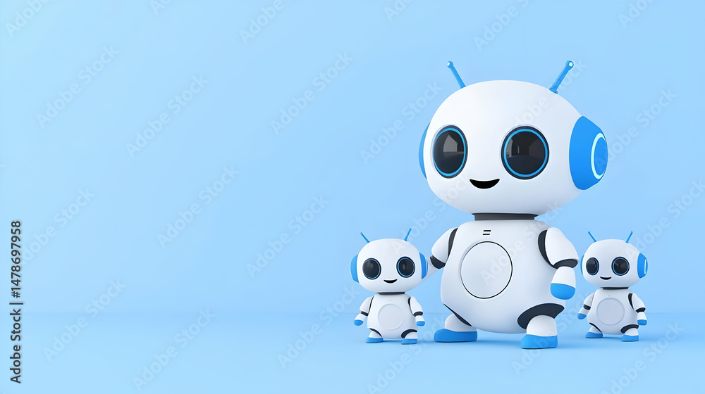 Fototapeta premium Cute and Friendly Robots on a Light Blue Background for Kids' Design