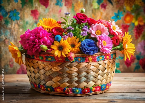 Stylish Floral Basket with Artistic Paintbrush Patterns - Spring Decor