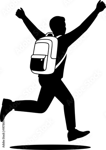Bold black outline of joyful skipping figure with backpack, ideal for freedom, work-life balance, vacation visuals, and Leave The Office Early Day concepts