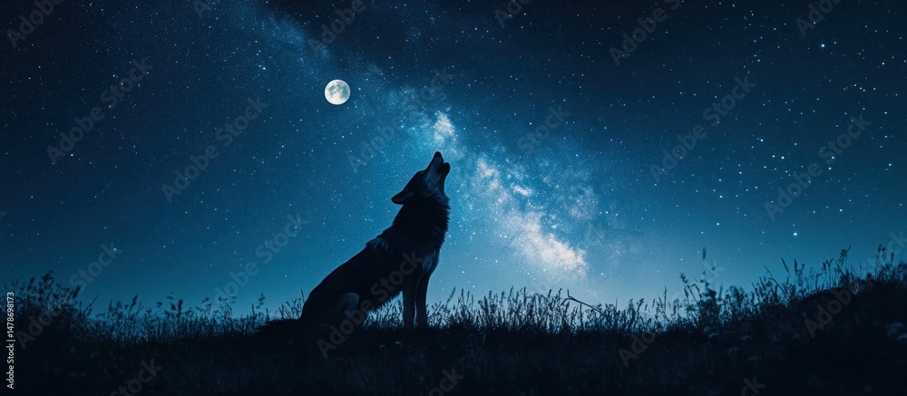 Fototapeta premium Wolf Howls at Night Sky