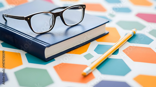 Blue Notebook With Glasses And Pencil On Colorful Hexagon Background
