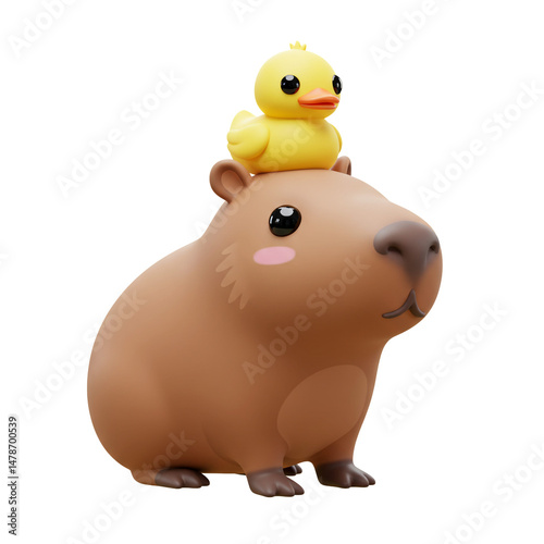 3D cartoon kawaii capybara with tiny duck on its head
