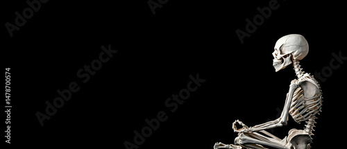 Seated Skeleton In Profile Pose On Black Background