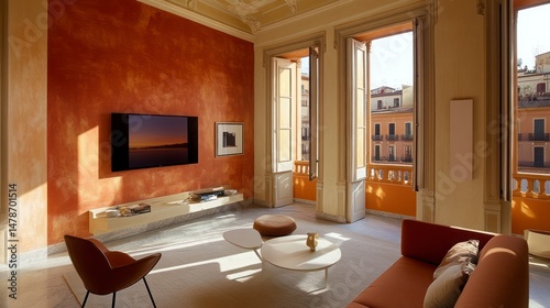 Modern living room with terracotta walls and city views photo