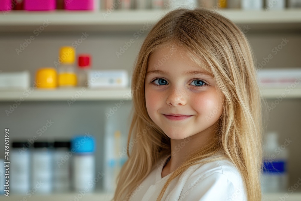 Young girl in white coat smiles warmly while standing in pharmacy or medicine storage room. Concept of a little pharmacist with a bright and caring spirit. Young girl in white coat smiles warmly while standing in pharmacy or medicine storage room. Concept of a little pharmacist with a bright and caring spirit.