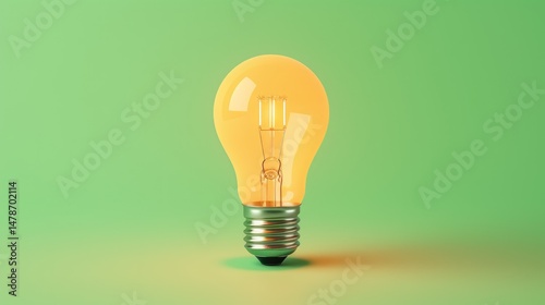 Glowing Yellow Light Bulb on Green Background

