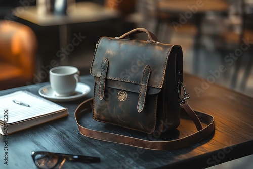 A realistic backpack strap stitcher mockup with a branded logo, placed on a table
