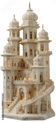 Majestic ivory model palace with finely carved towers on transparent background