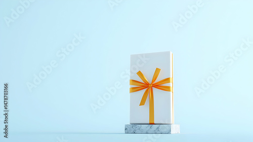 White Gift Box With Golden Ribbon On Light Blue Background