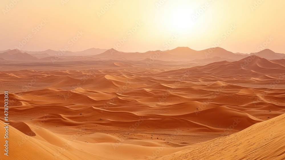 Naklejka premium Vast desert landscape at sunset, golden dunes and mountains.