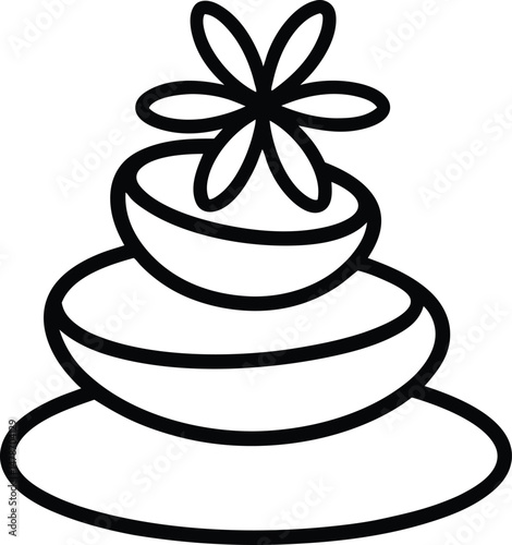  "Line icon of stacked spa stones with a daisy flower, representing relaxation and wellness vector illustration on transparent background."
