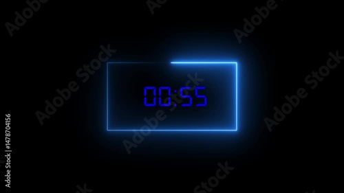 Glowing neon blue 1 minute timer animation on black background with rectangle frame. 60 seconds timer countdown animation. Minute and hour timer 60-0 second. 4k