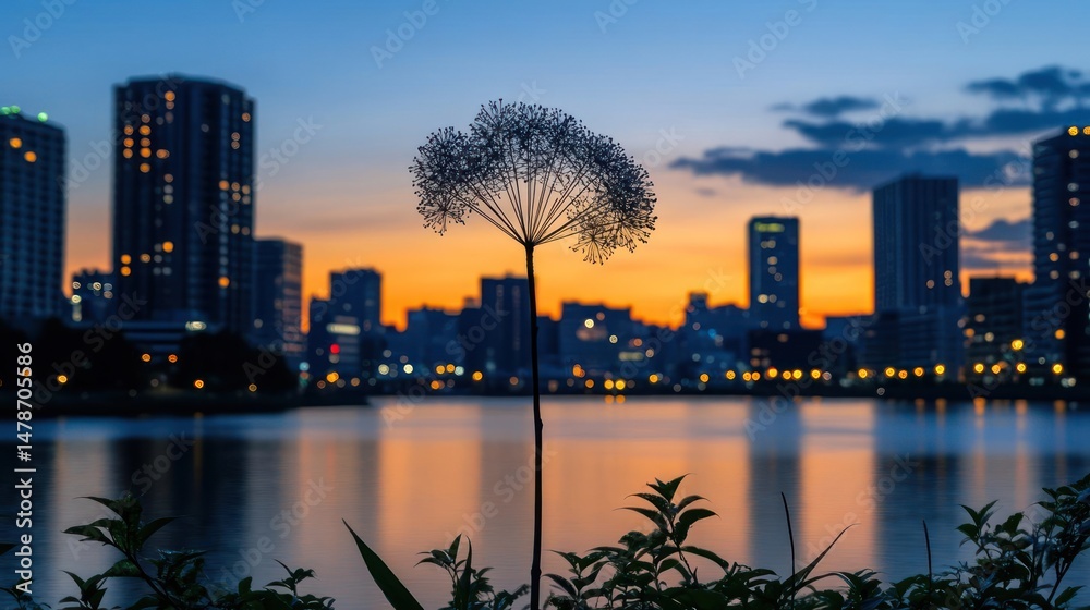 Obraz premium City lights reflected in water, with a flower in foreground.