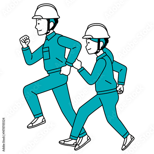 走る作業員の男女（横向き）