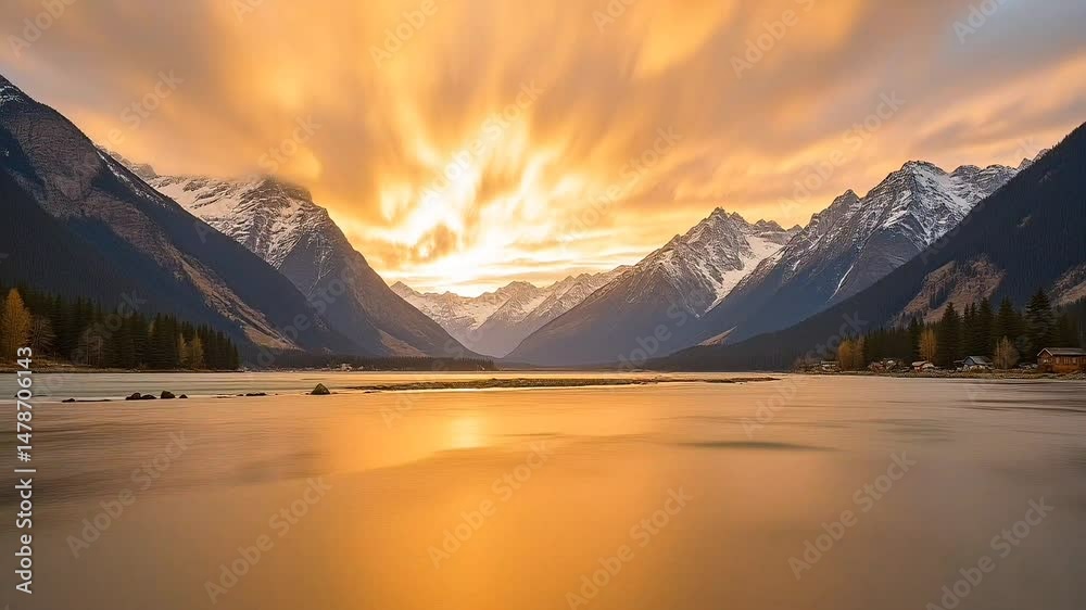 Golden hour over tranquil mountain lake with dramatic cloud motion and reflection, seamless looping 4k time-lapse animation video background