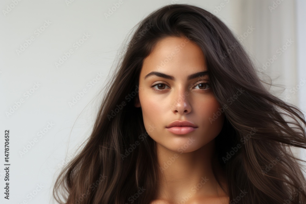 A woman with glowing skin, minimal makeup, and a serene expression, her long hair gently flowing around her face A woman with glowing skin, minimal makeup, and a serene expression, her long hair gently flowing around her face