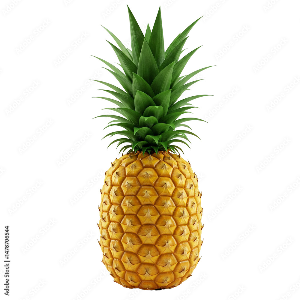 Fototapeta premium A single vibrant pineapple with a textured rind and spiky green crown stands on black background.