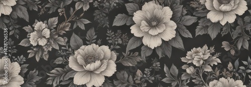 Subtle charcoal floral wallpaper, vintage-inspired print with delicate blooms and leaves , floral, damask, blooms