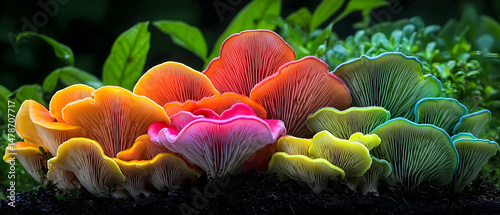 Colorful Mushrooms Displayed on Dark Forest Floor