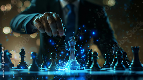 Businessman moving digital chess piece with glowing effects in strategic futuristic environment