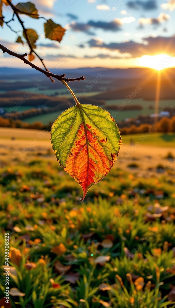Obraz premium Autumn leaves at sunset scenic landscape nature photography vibrant colors tranquil environment close-up view