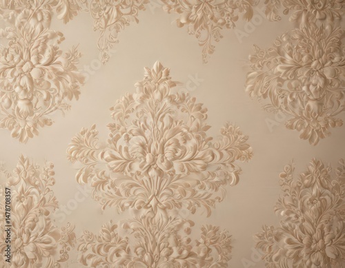 Elegant beige damask fabric with intricate floral details ,  texture background,  elegant