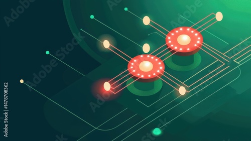Flat isometric illustration of a quantum computing process with qubits, quantum logic gates and circuit pathways in a clean modern layout. Futuristic educational technology concept for presentations.