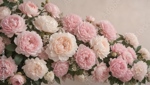 Muted pastel pink roses, peonies & hydrangeas create a vintage floral wall backdrop ,  flower wall, design