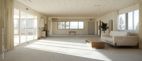 Empty Beige Modern Living Room Interior Design With Large Windows