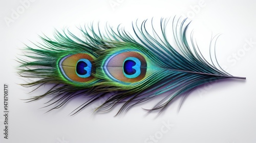 Vibrant peacock feather, detailed and colorful, nature's beauty.