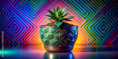 Surreal Geometric Plant Pot with Repeating Line Pattern - Abstract Still Life Photography